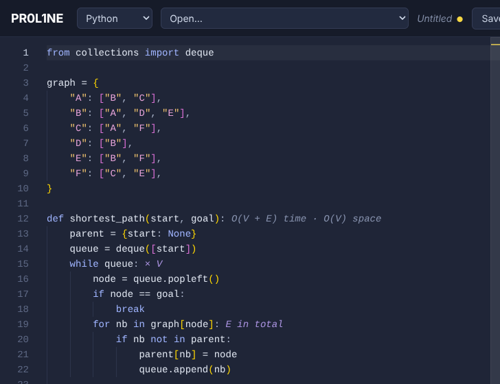 Breadth-first search labeled in the editor: the while loop runs V times, the neighbor loop E times in total, the function is O(V + E) time and O(V) space