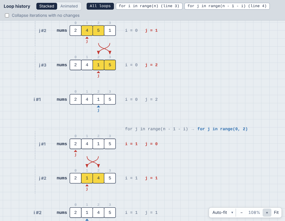 Bubble sort with both loops together: each pass of j indented under the pass of i it's in, with each run's range