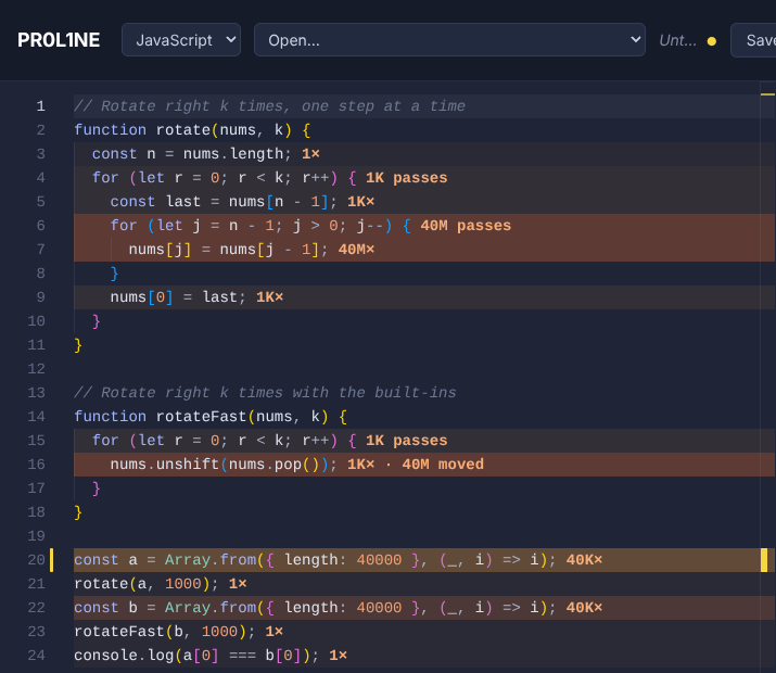 Two ways to rotate an array, measured: the inner loop of the step-by-step version ran 40 million times; unshift(pop()) ran 1,000 times but moved 40 million items inside the built-ins