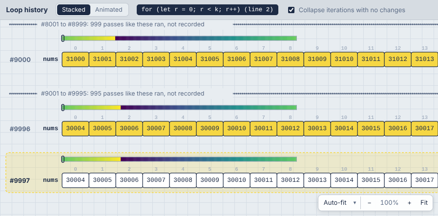 Rotating 40,000 items 10,000 times, sampled: the first passes, round-numbered ones and the last ones, with a color strip of the whole array above each row